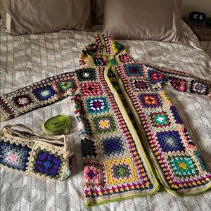 Colorful Crochet Hooded Cardigan and Bag Set